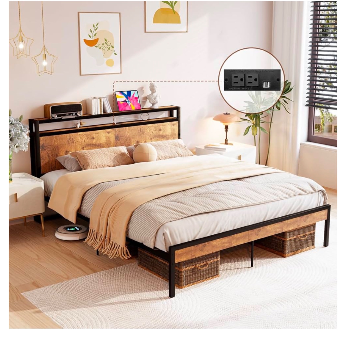 Queen Size Bed Frame with Built-in Shelf and Outlets