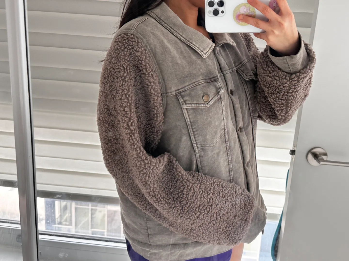 Grey denim jacket with Curly material image indicator(3)