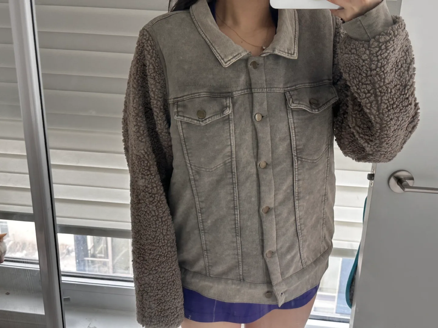 Grey denim jacket with Curly material image indicator(4)