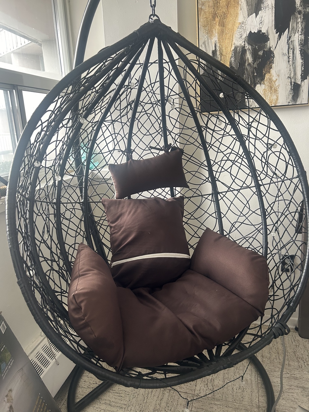 Black Hanging Egg Chair with Brown Cushions - photo 2