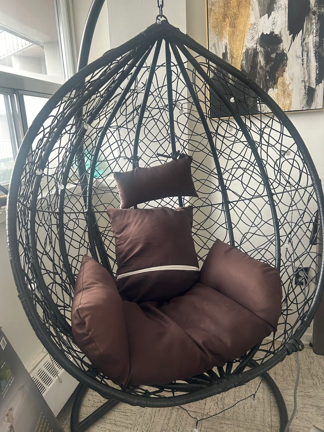 Black Hanging Egg Chair with Brown Cushions image indicator(2)