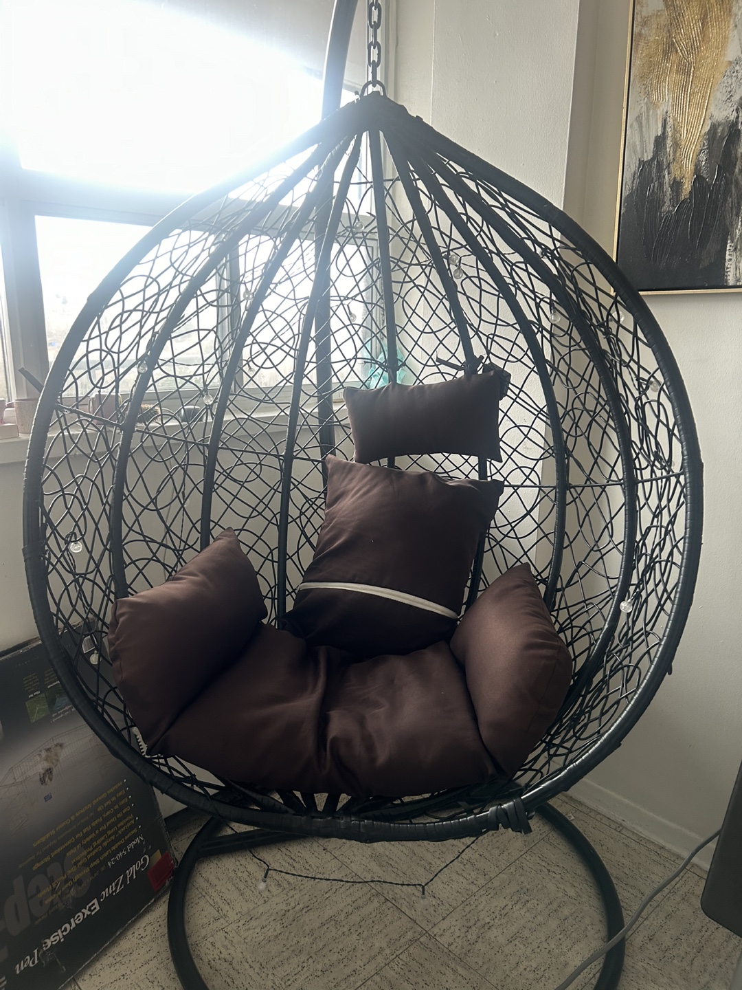 Black Hanging Egg Chair with Brown Cushions