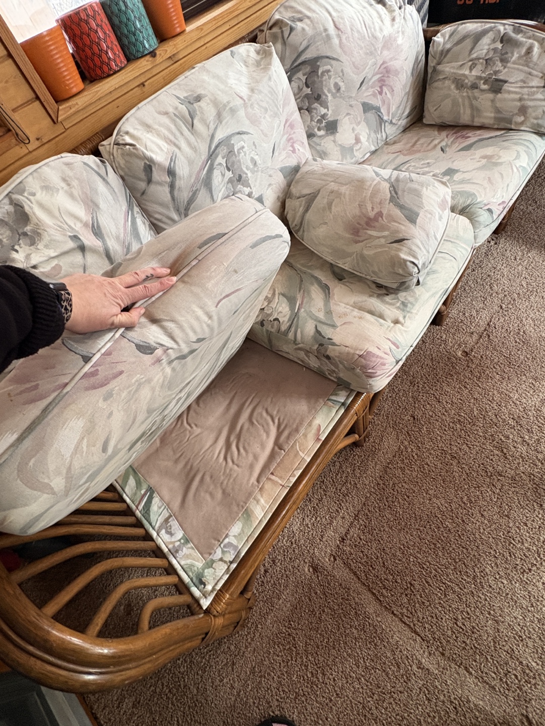 Vintage Rattan Sofa with Floral Cushions - photo 5
