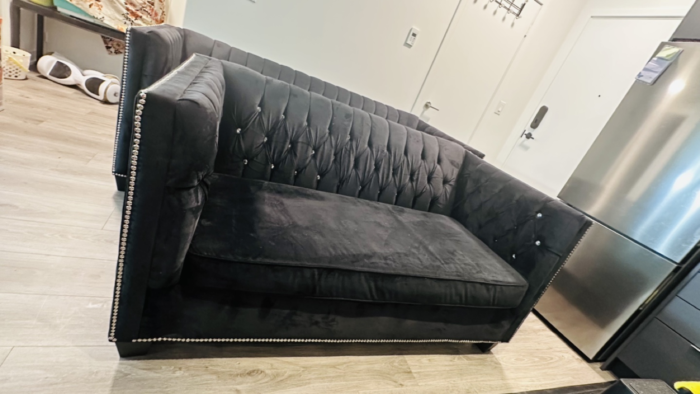 Black Velvet Sofa Set with Crystal Button Tufting - photo 4