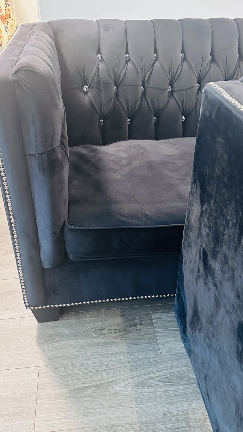 Black Velvet Sofa Set with Crystal Button Tufting