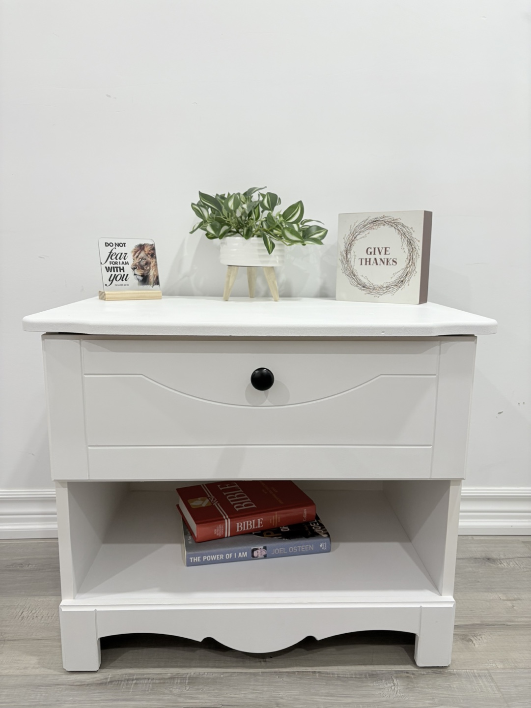 White Nightstand with Drawer and Shelf