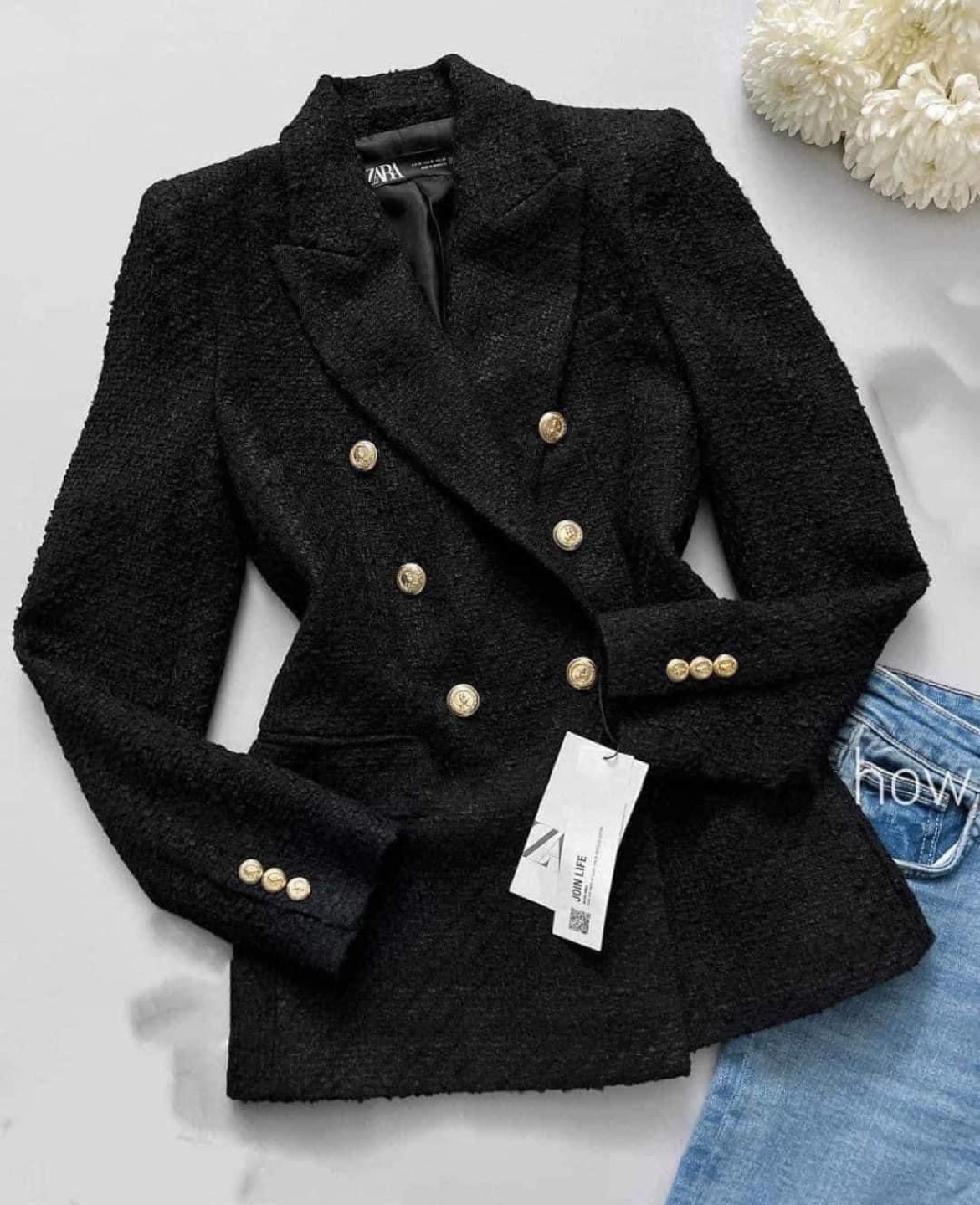 Zara Black Tweed Double-Breasted Blazer