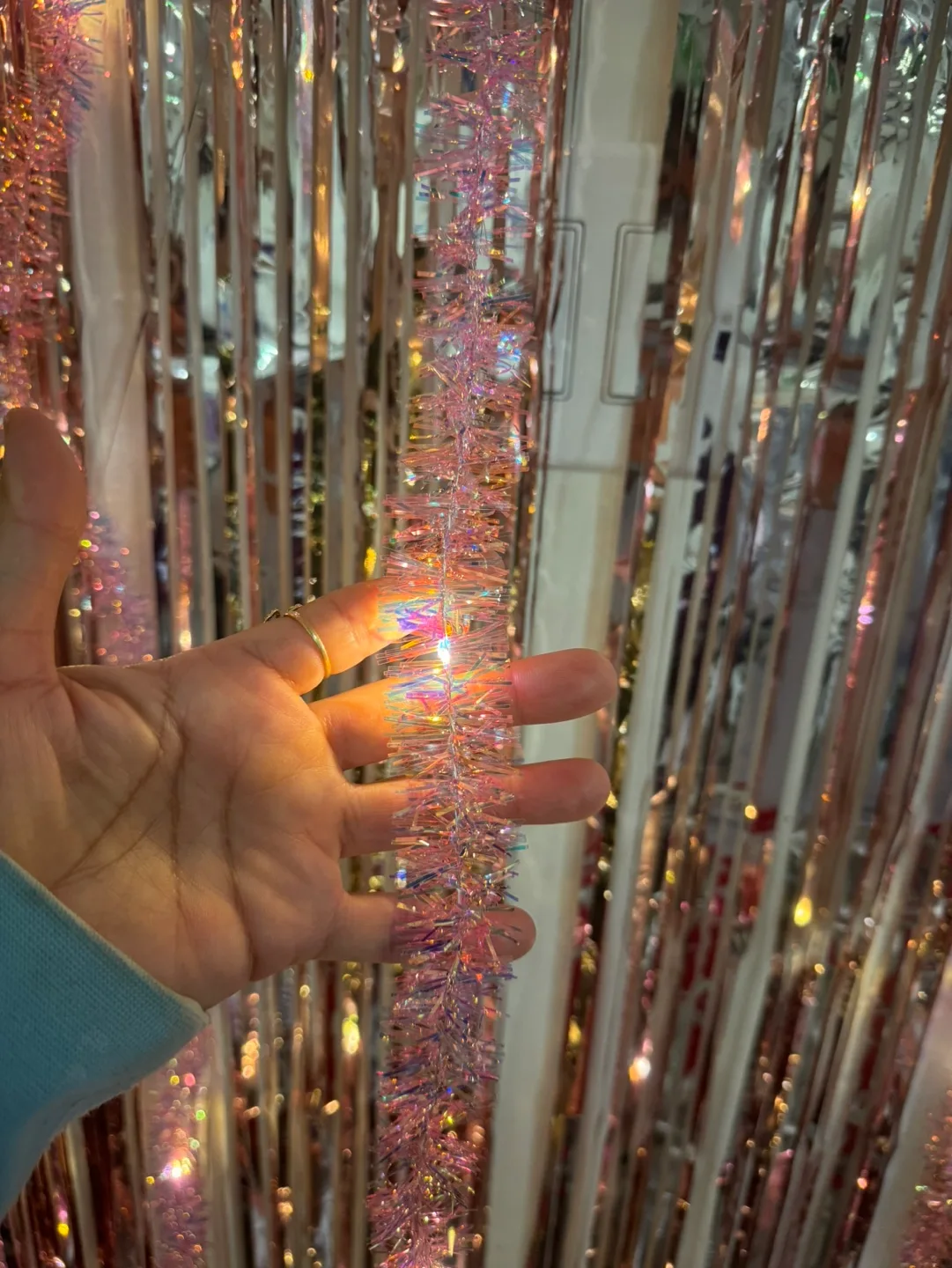 Rose Gold and gold color Tinsel Curtain Backdrop with lights image indicator(3)