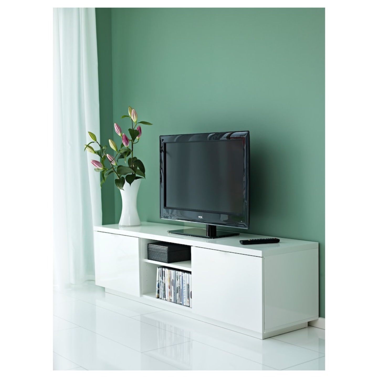 Ikea White TV Stand with Drawers and Shelves piano gloss finish
