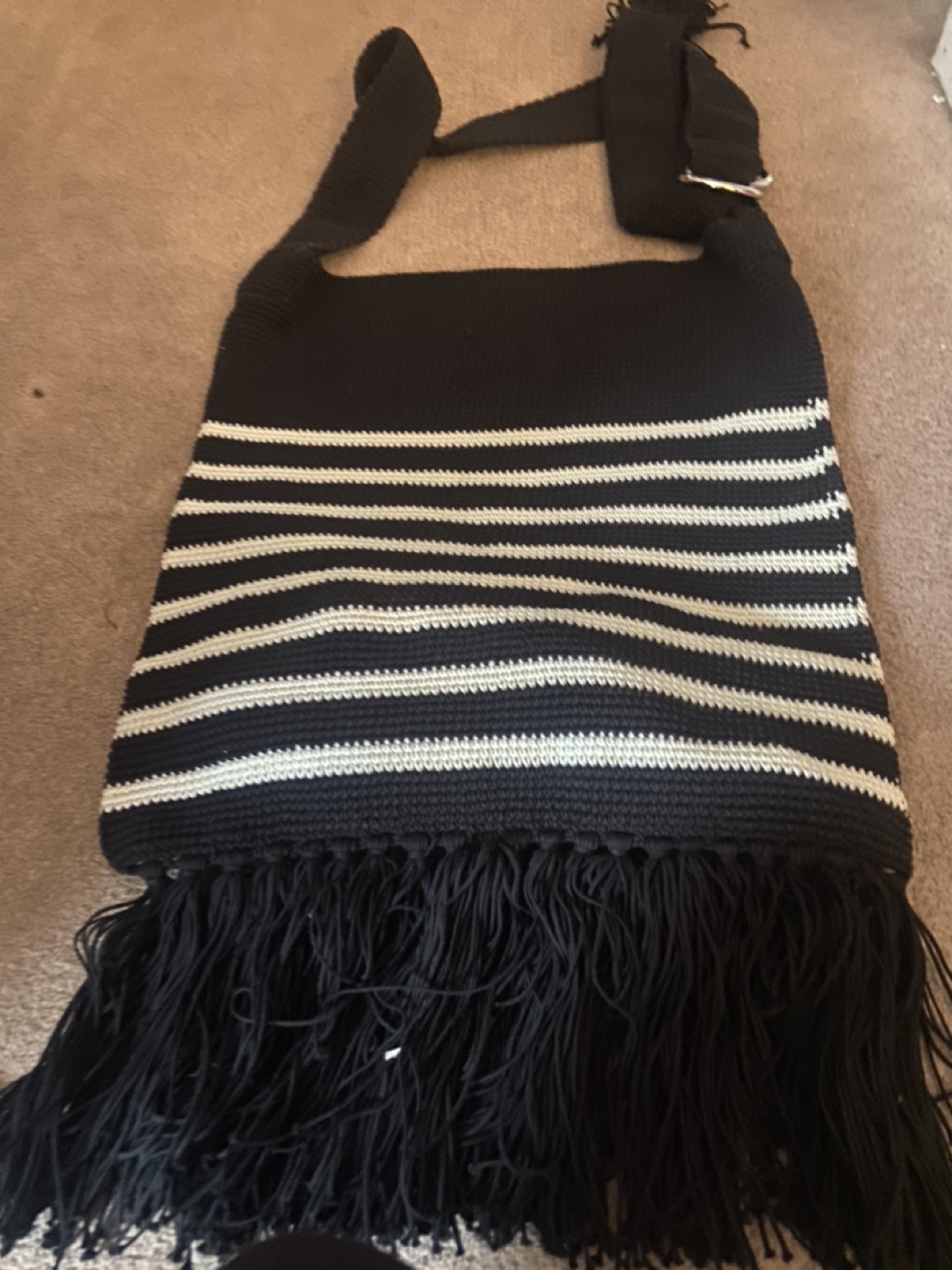 Hand-Crocheted Black and White Striped Shoulder Bag with Fringe - photo 3
