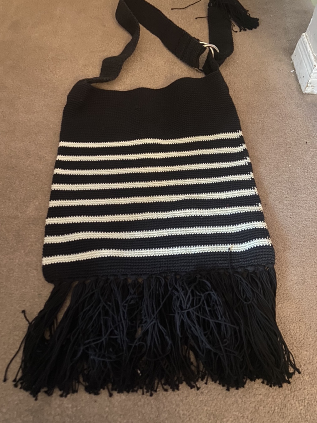 Hand-Crocheted Black and White Striped Shoulder Bag with Fringe