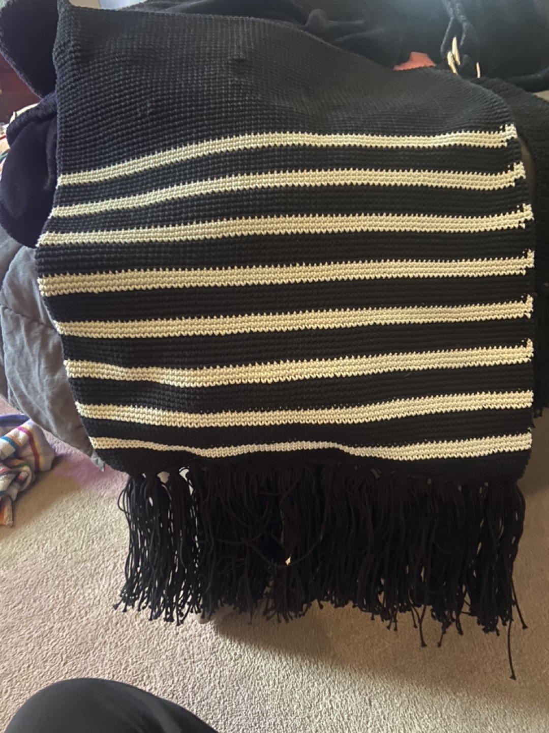 Hand-Crocheted Black and White Striped Shoulder Bag with Fringe - photo 2
