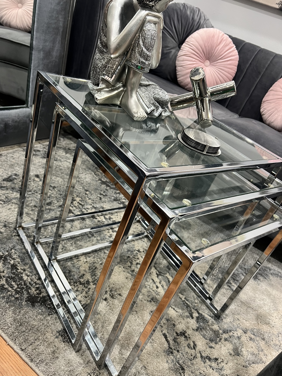 Set of 3 Chrome Glass Nesting Tables + Bar Cart