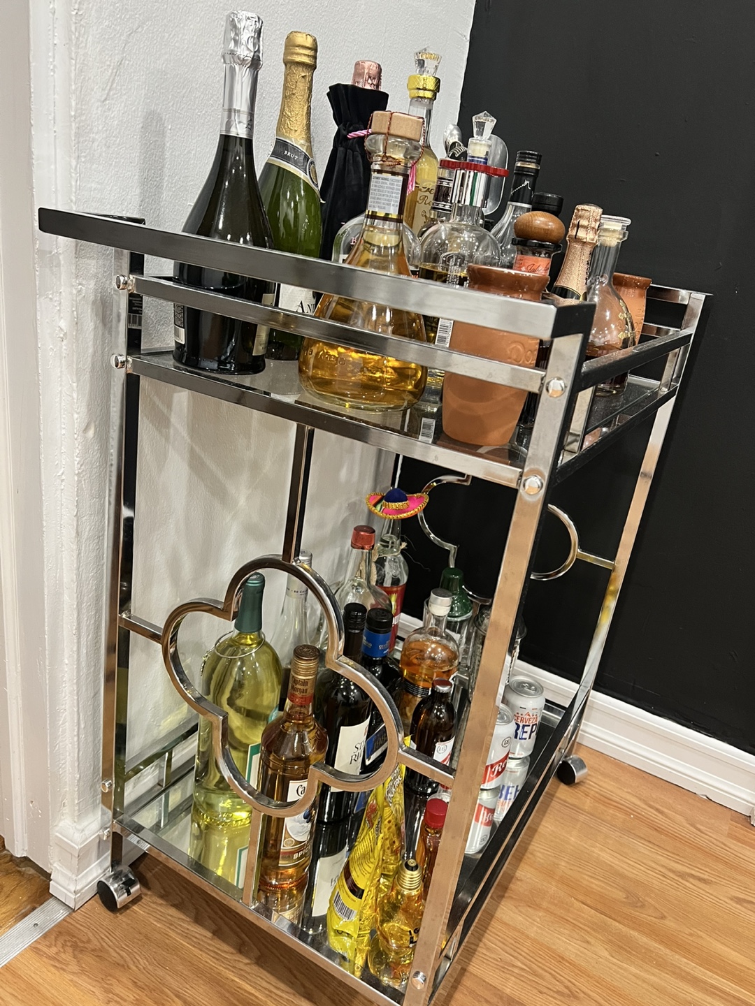Set of 3 Chrome Glass Nesting Tables + Bar Cart - photo 2