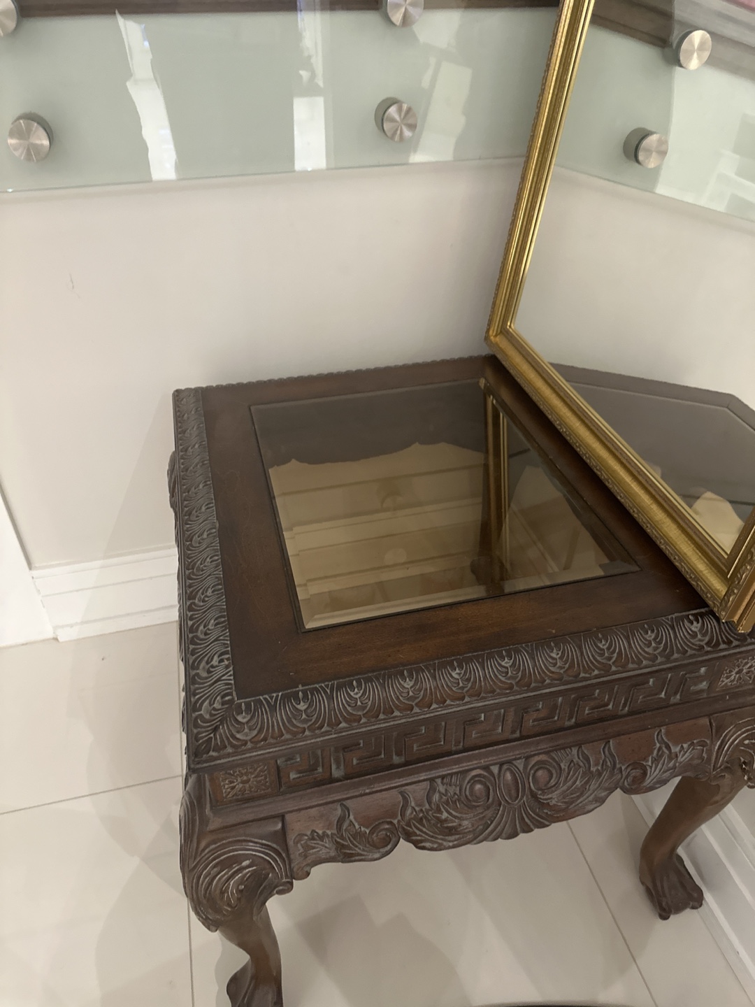 Ornate Wooden Coffee Table with Glass Top