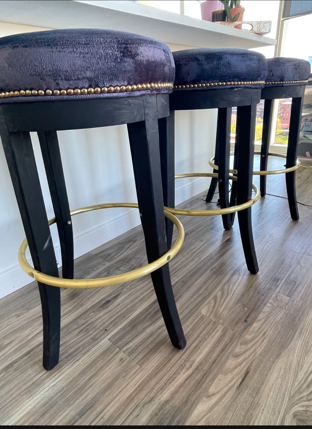 Set of Three Dark Velvet Bar Stools with Brass Accents - photo 2