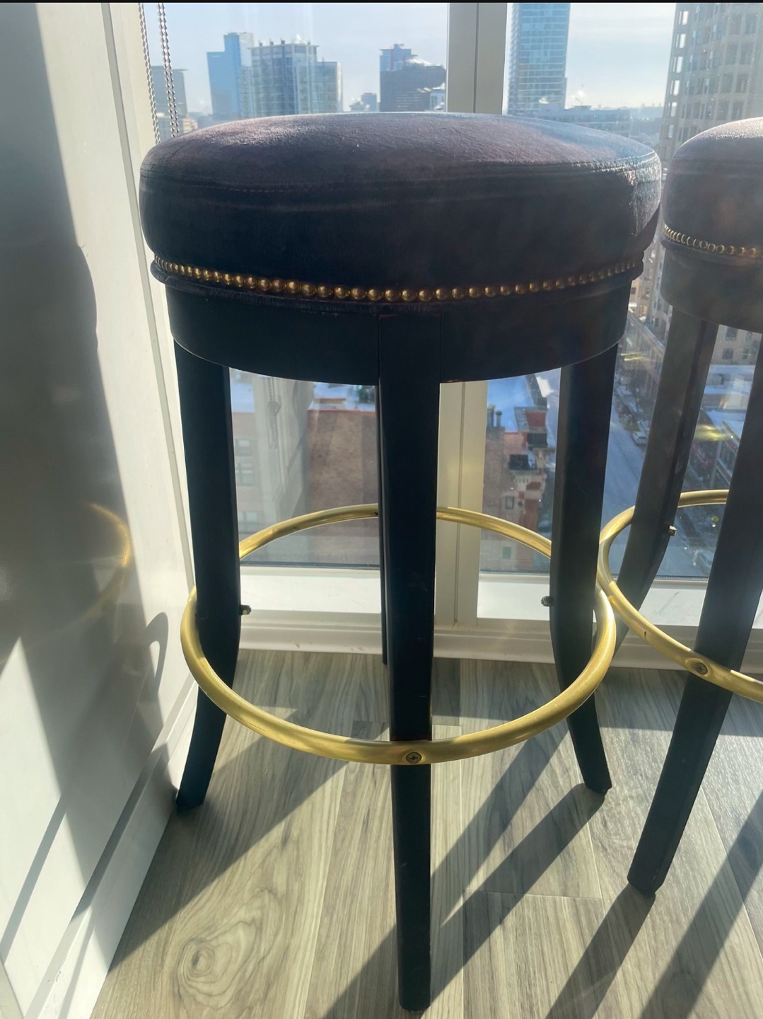 Set of Three Dark Velvet Bar Stools with Brass Accents