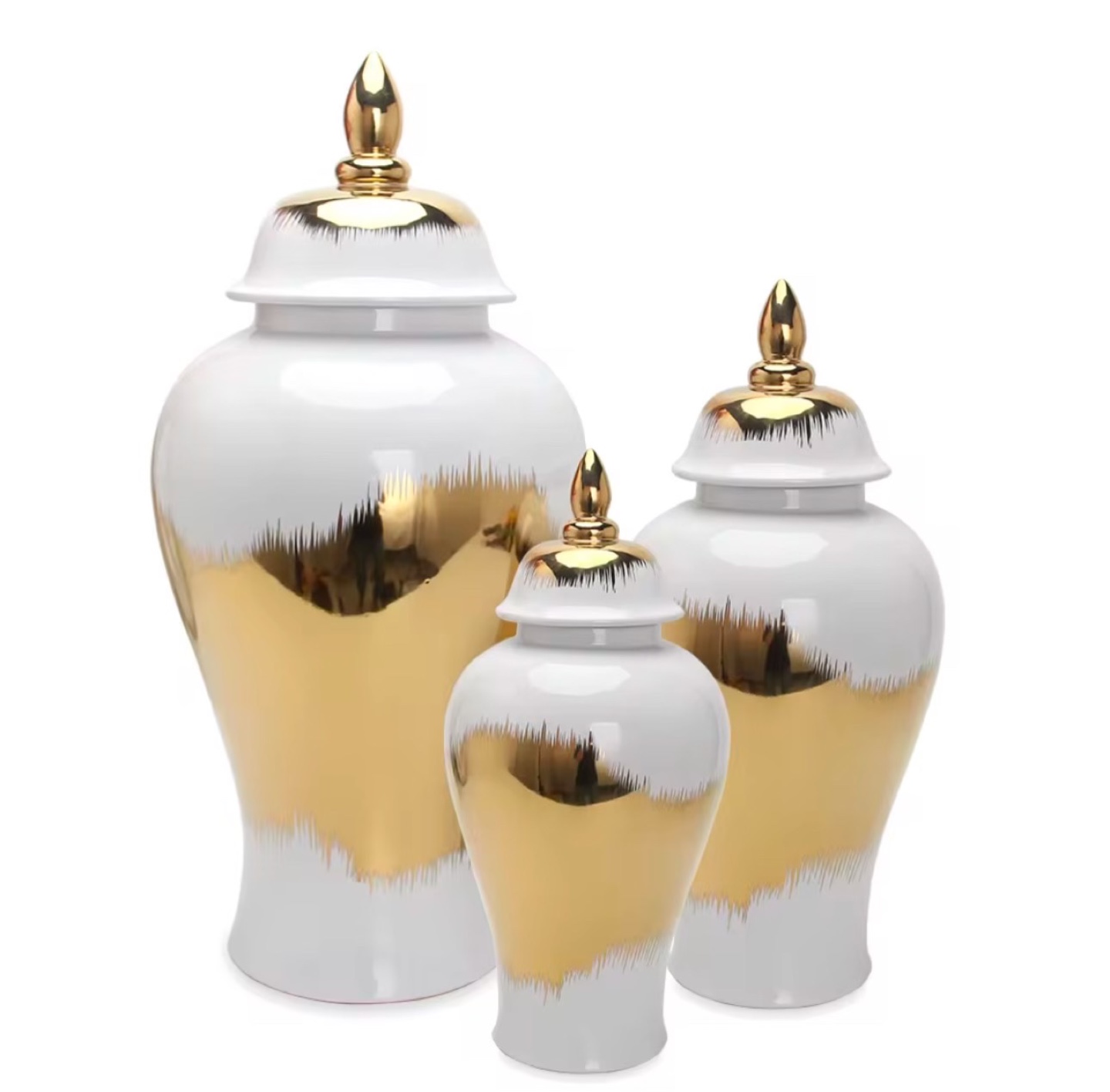 Set of 3 Gold and White Porcelain Jars