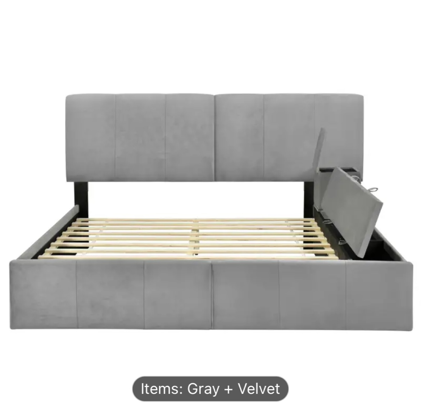 Gray Velvet Platform Bed with Storage