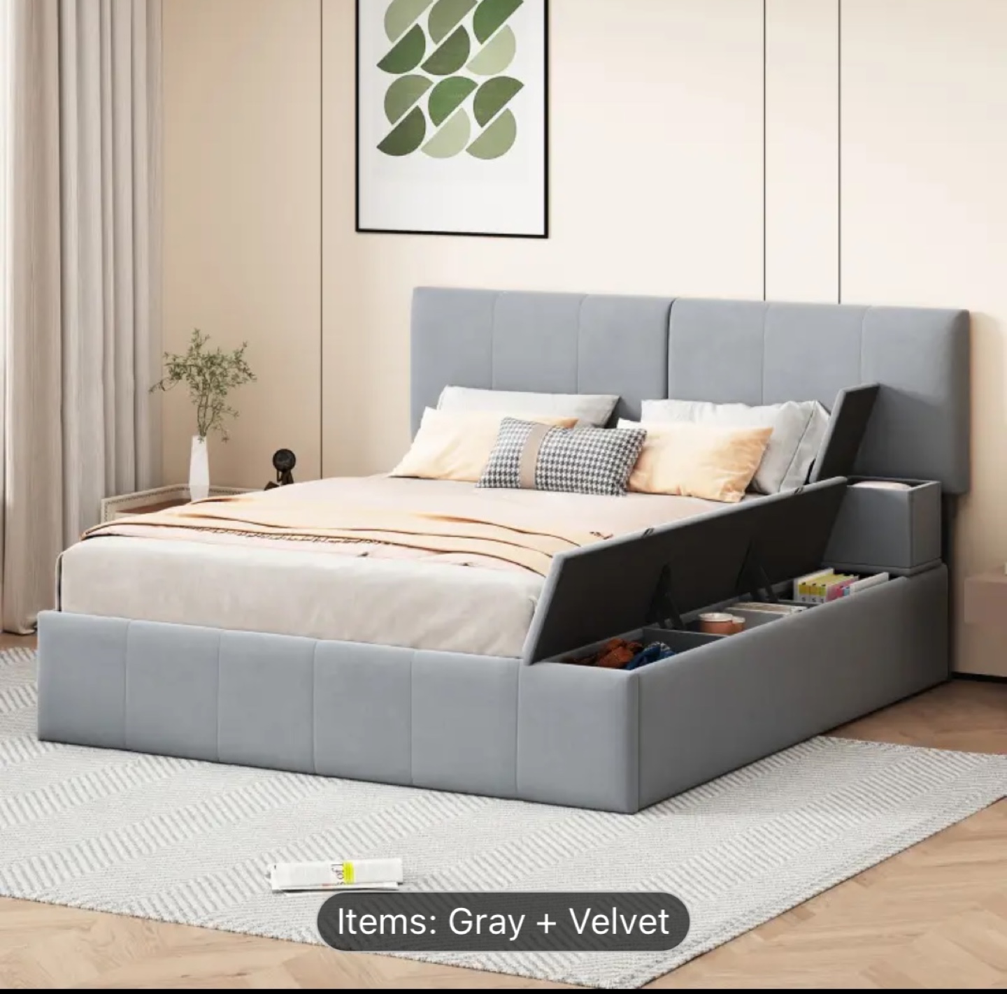 Gray Velvet Platform Bed with Storage - photo 2