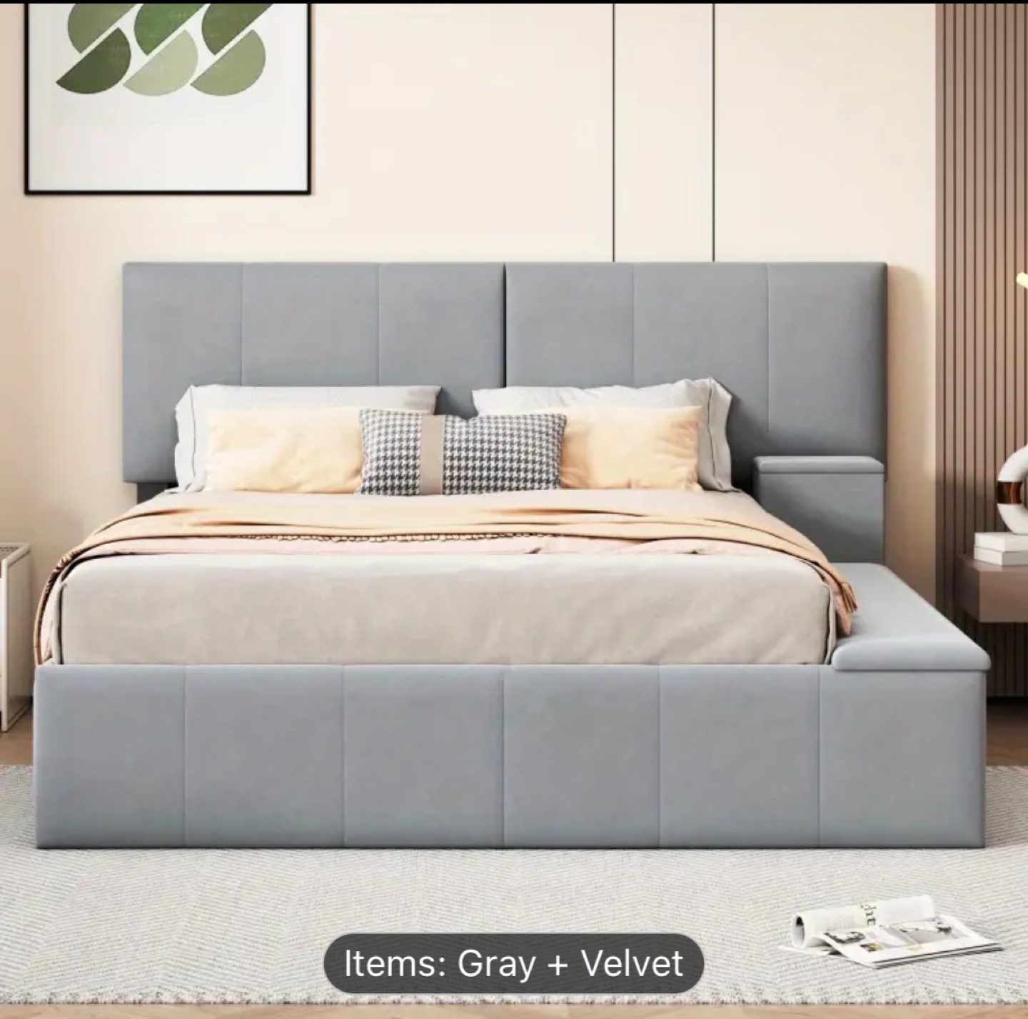 Gray Velvet Platform Bed with Storage - photo 3