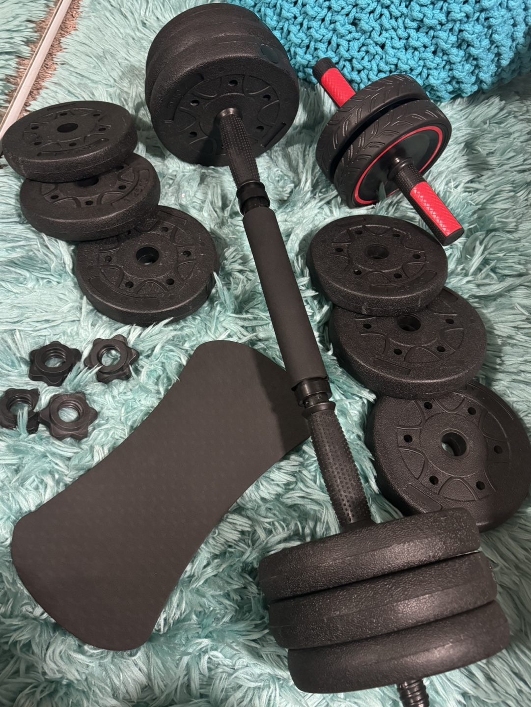 Dumbbell/Barbell Set & Ab roller wheel w/ knee pad