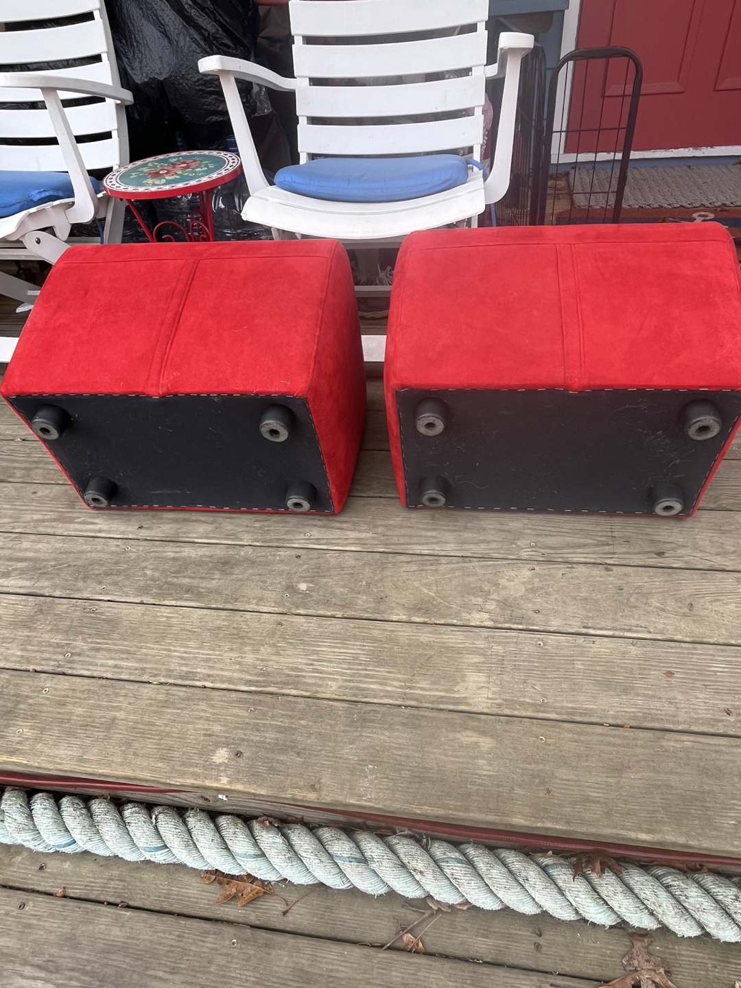 Pair of Red Velvet Ottomans - photo 2