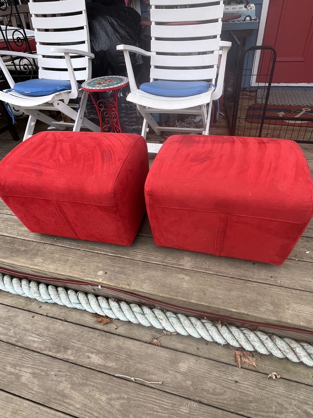 Pair of Red Velvet Ottomans