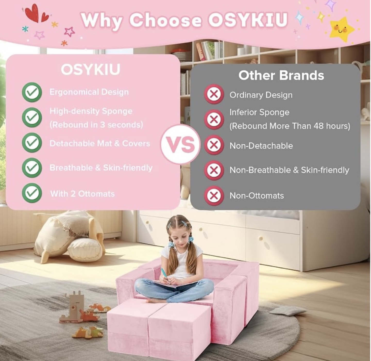 (BRAND NEW) OSYKIU 7-Piece Modular Kids Couch Sofa - Pink - photo 3