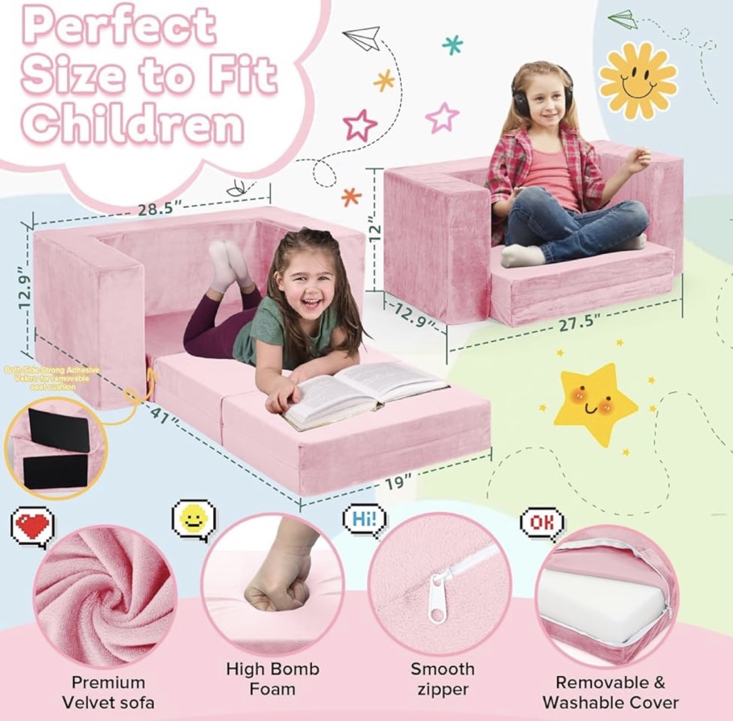 (BRAND NEW) OSYKIU 7-Piece Modular Kids Couch Sofa - Pink - photo 2