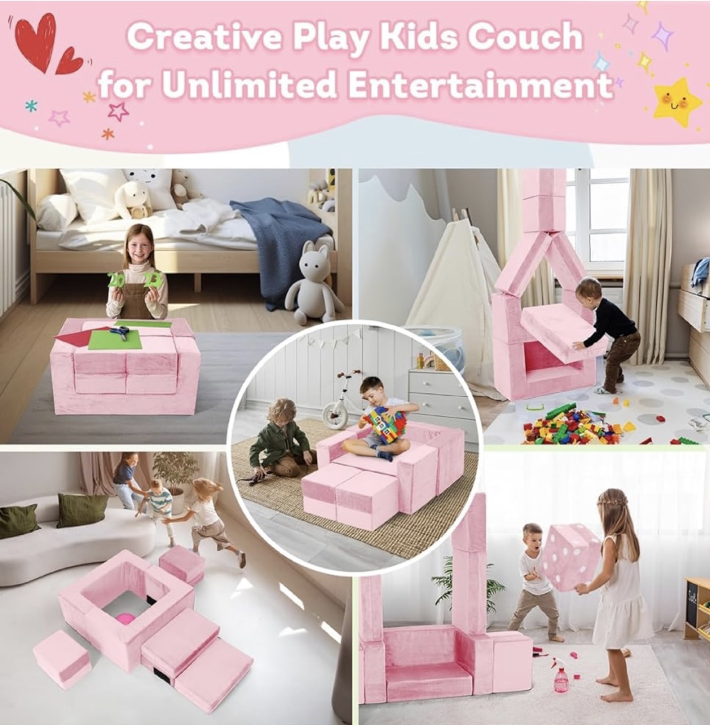 (BRAND NEW) OSYKIU 7-Piece Modular Kids Couch Sofa - Pink - photo 4
