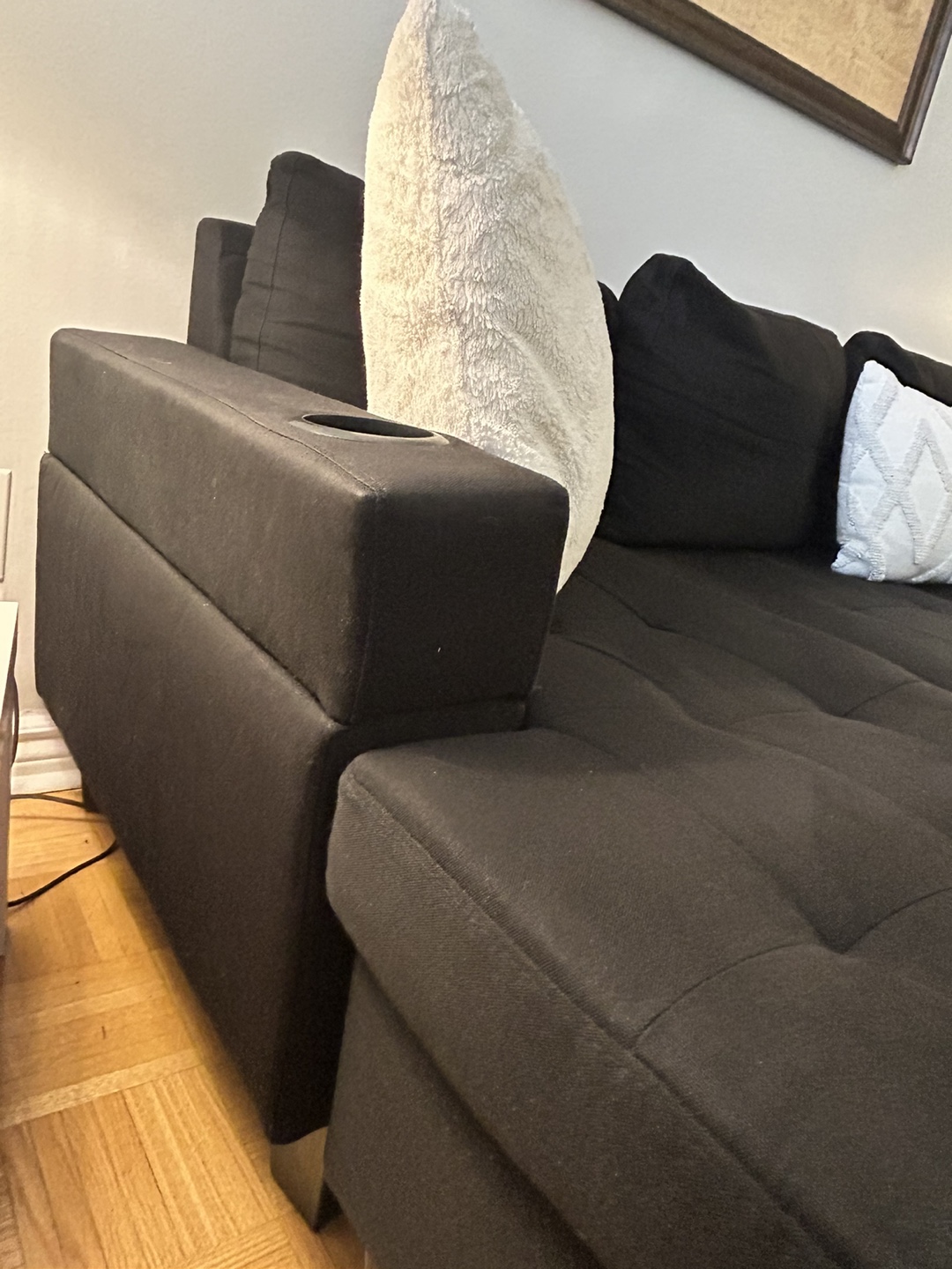 Black L-Shaped Sectional Sofa with Cup Holders - photo 3