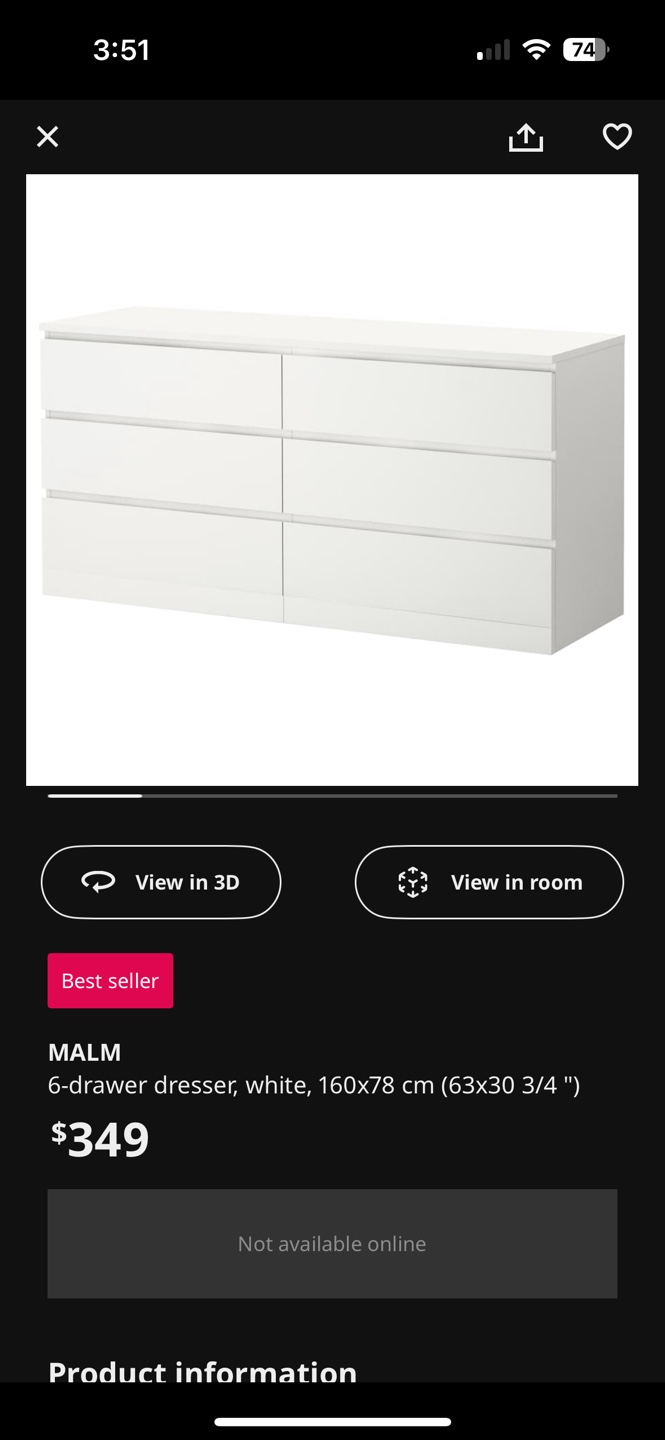 IKEA MALM 6-drawer dresser, white
