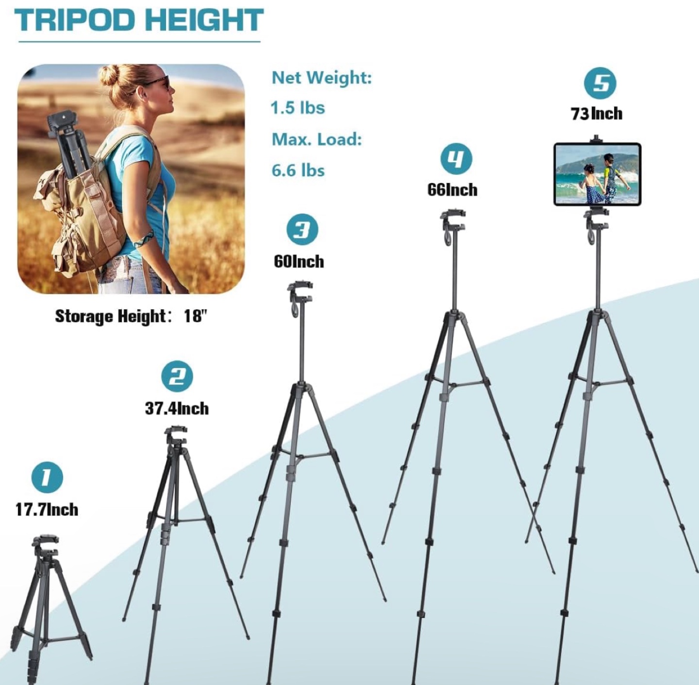 73-inch Portable Tripod Stand for Phone, Tablet, Camera - photo 2