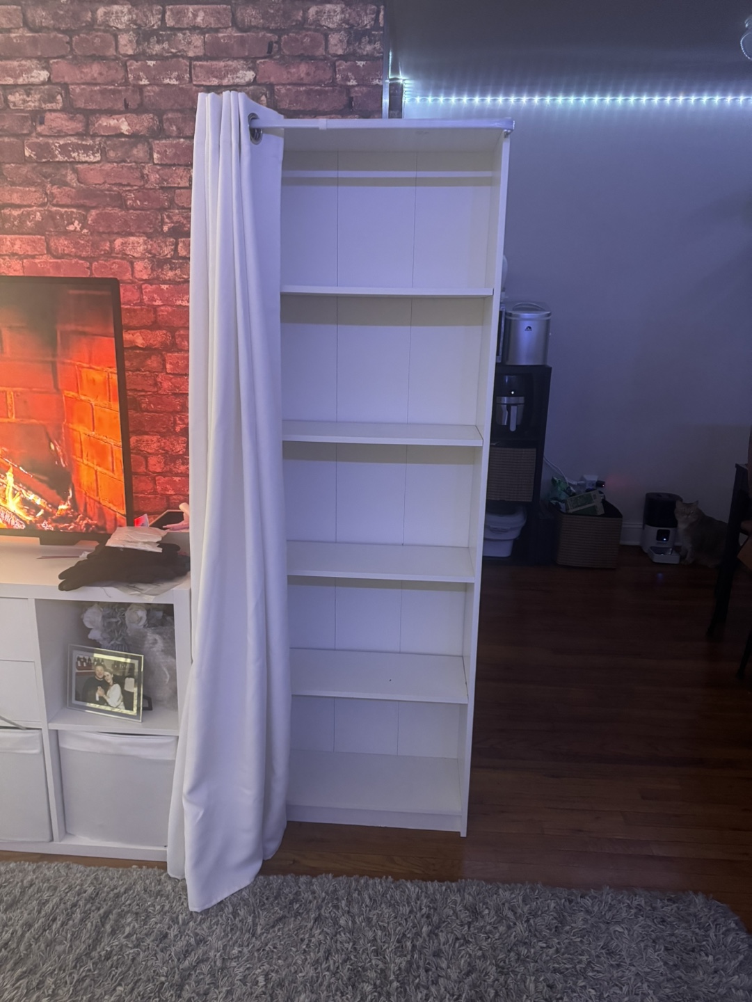 White Bookshelf Room Divider with NICETOWN Curtains