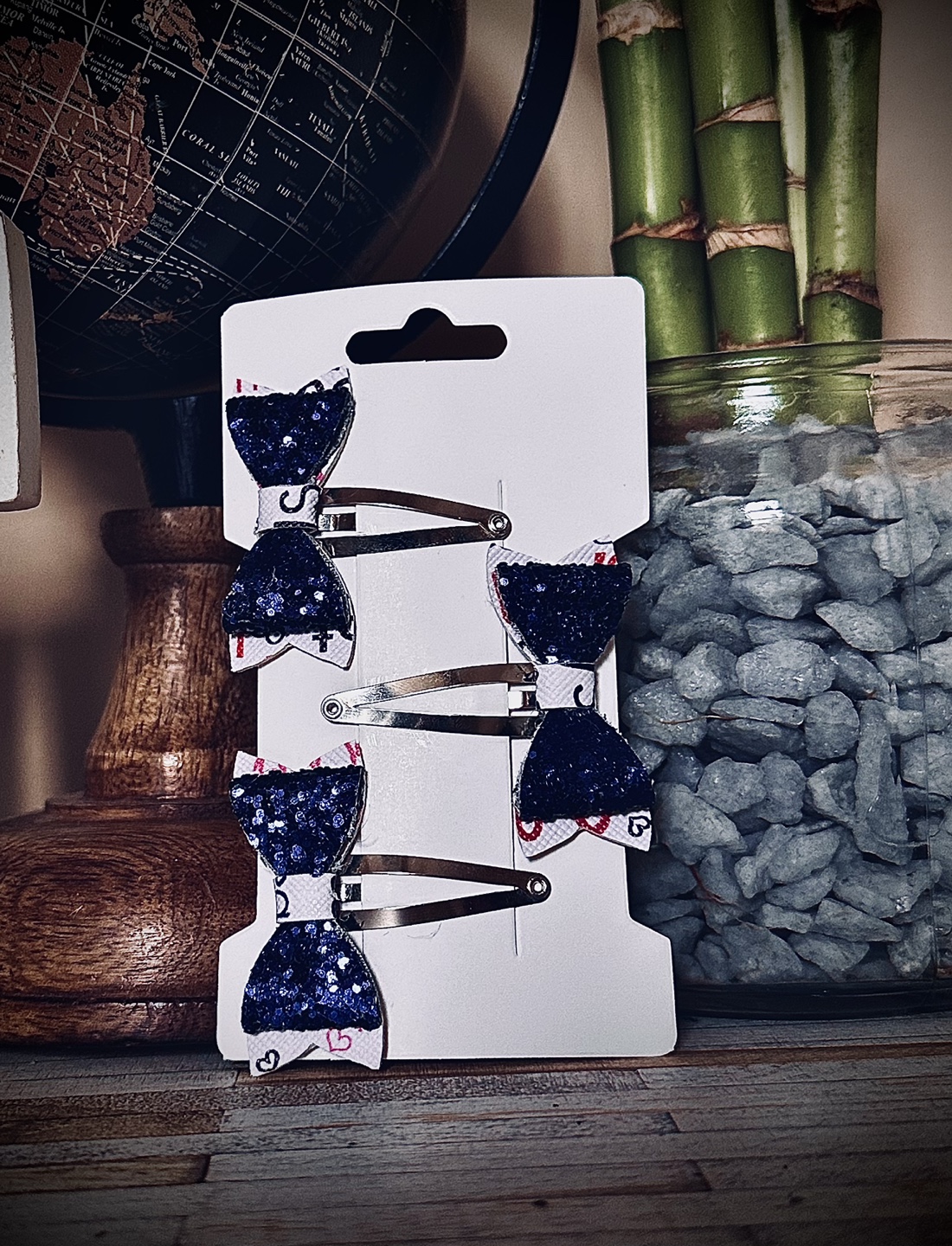 Set of three sparkly navy blue and white hair snap clips