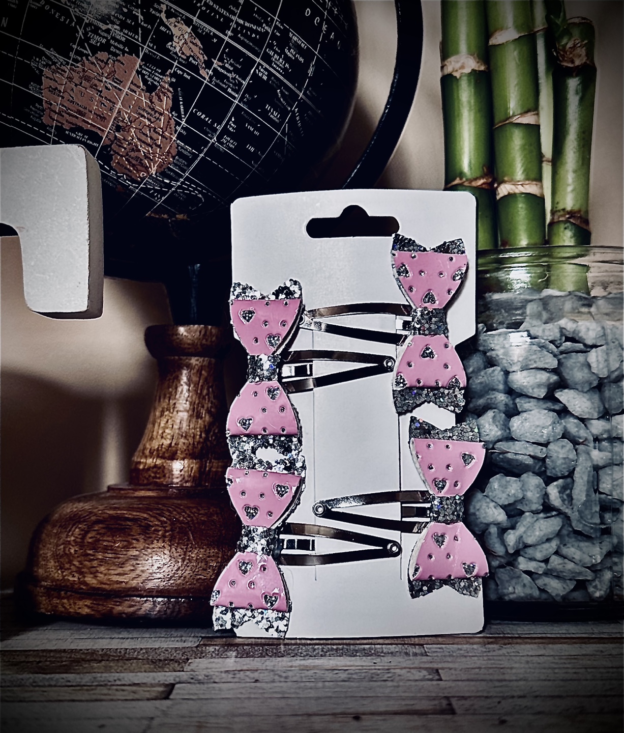 Set of 4 Pink and Silver Glitter Bow Hair Clips