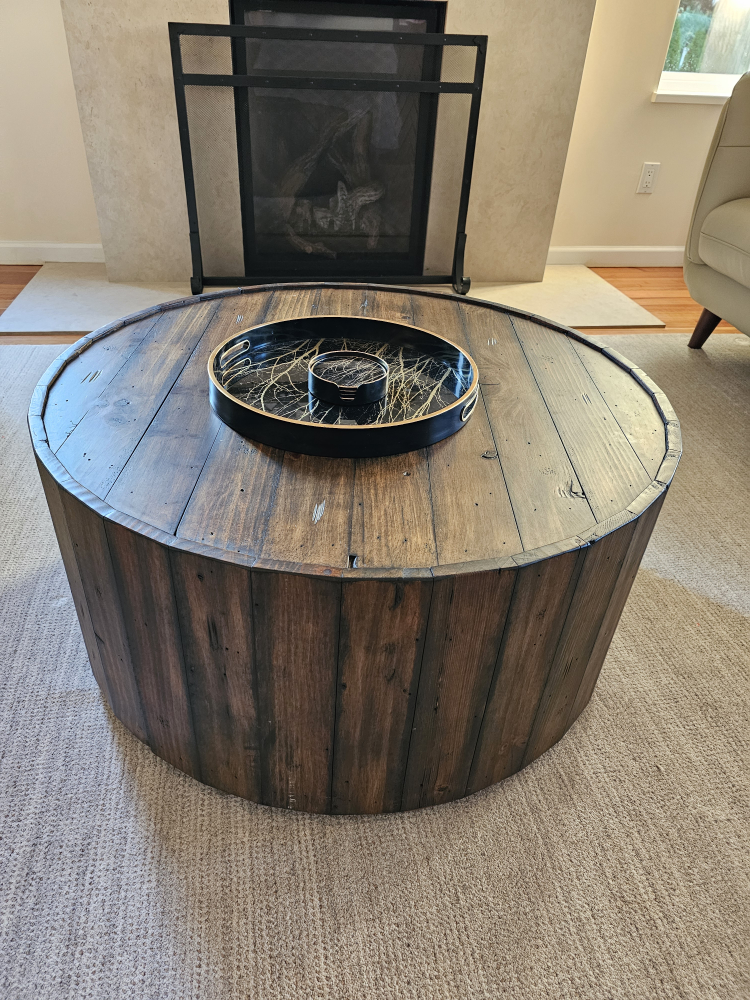 Rustic Round Wooden Coffee Table with Tray
