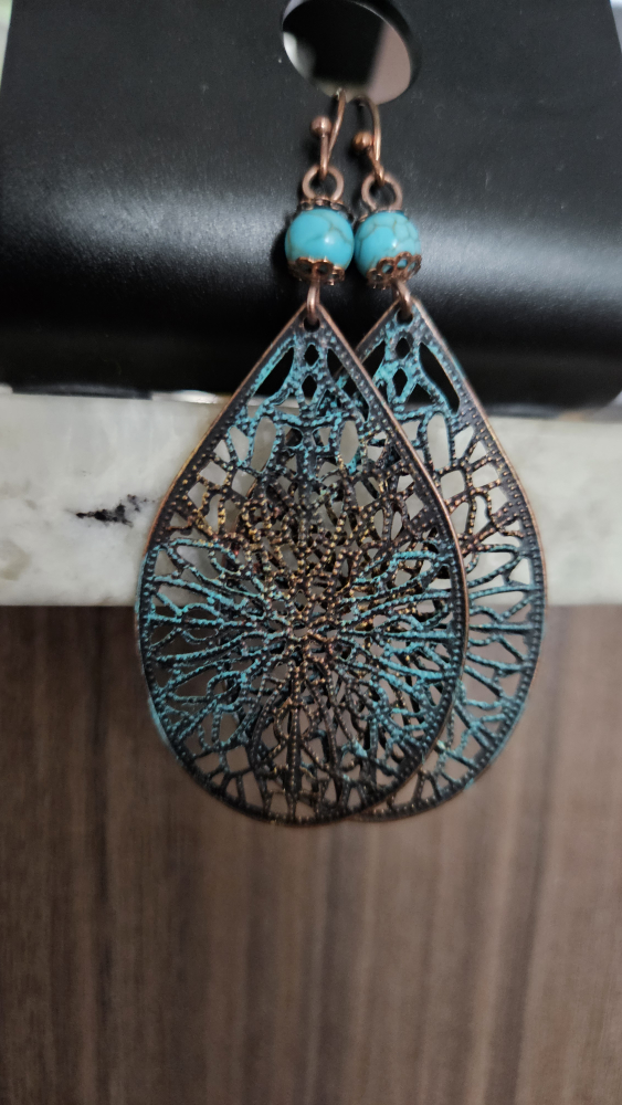 Teal and Copper Filigree Earrings