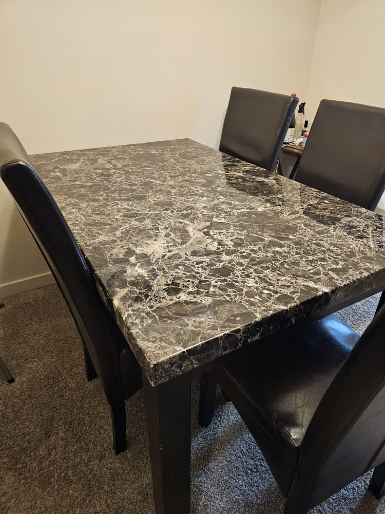Dining Table Set - Marble Top & Black Leather Chairs - photo 2