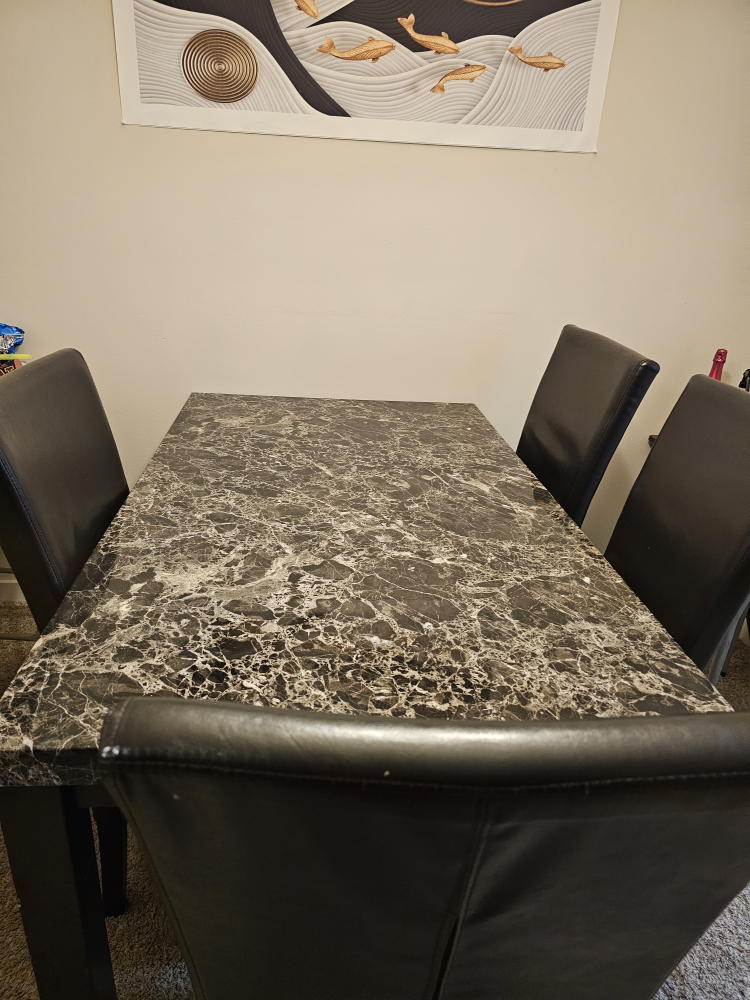Dining Table Set - Marble Top & Black Leather Chairs - photo 3