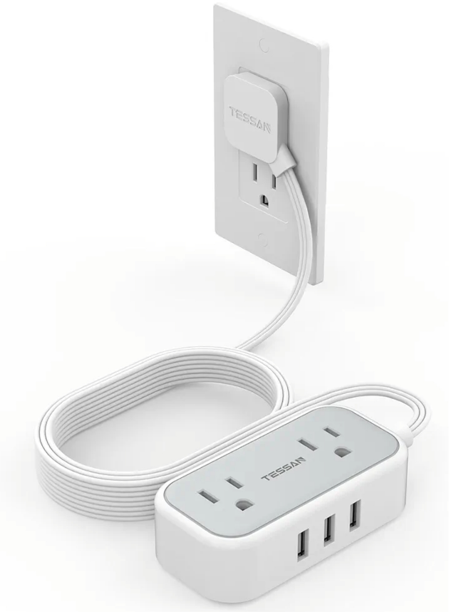 2x Flat Plug 3-Outlet Surge Protector Power Bar with USB Ports