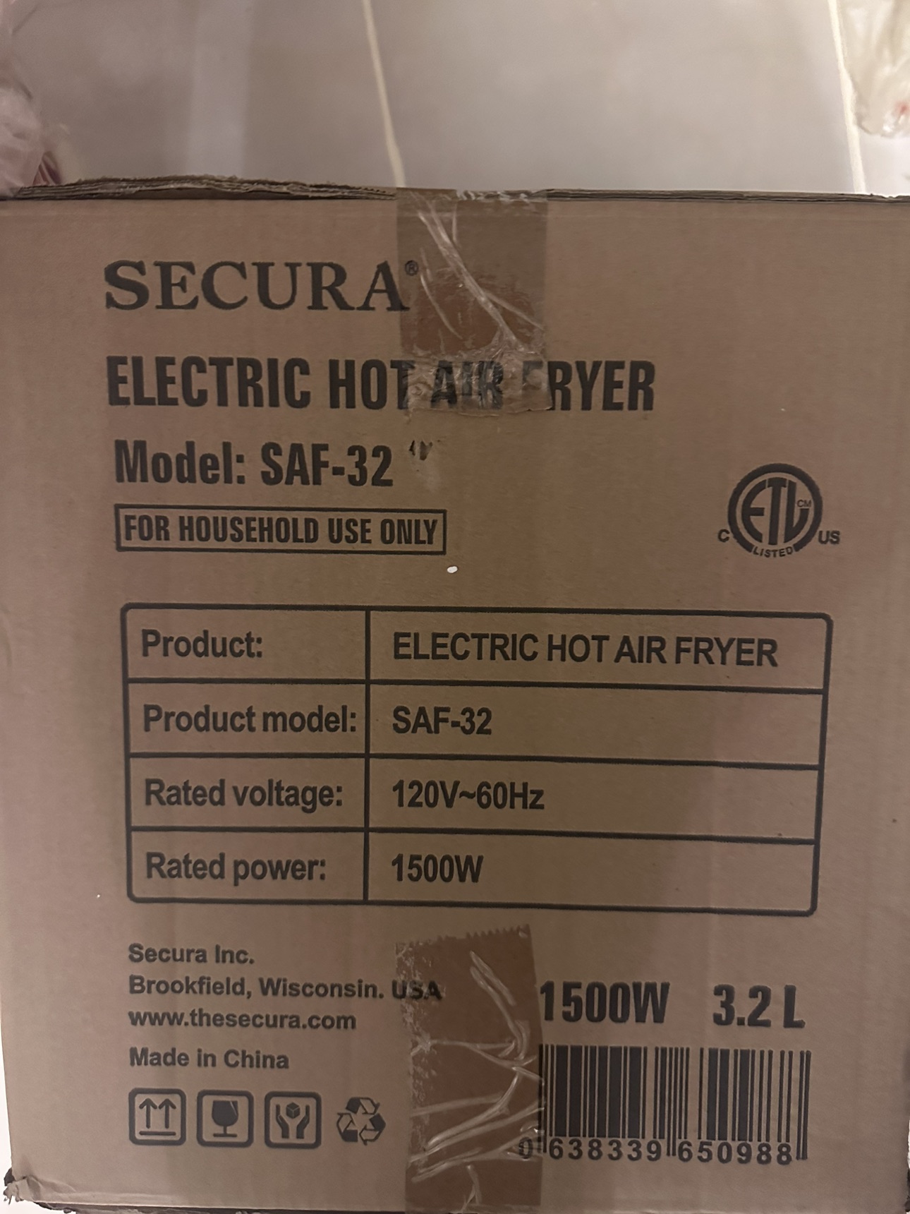 Brand New Secura SAF-32 electric hot air fryer
