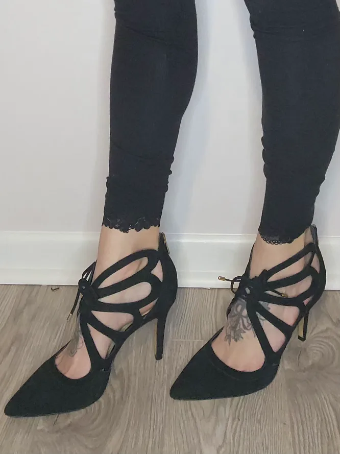Vince Camuto Black Suede Cut-Out Heels with Lace-Up Detail image indicator(8)