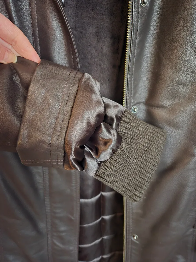 Women's Brown Leather winter coat with Faux Fur Hood image indicator(9)