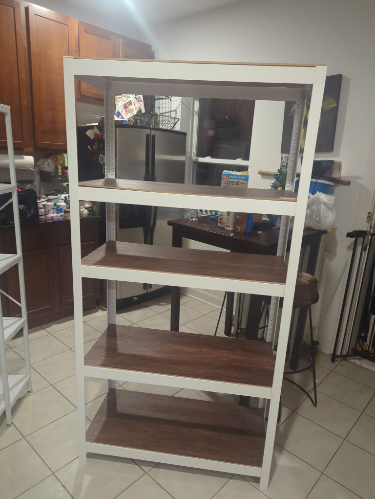 White Metal 5-Shelf Storage Rack with Wood Grain Shelves