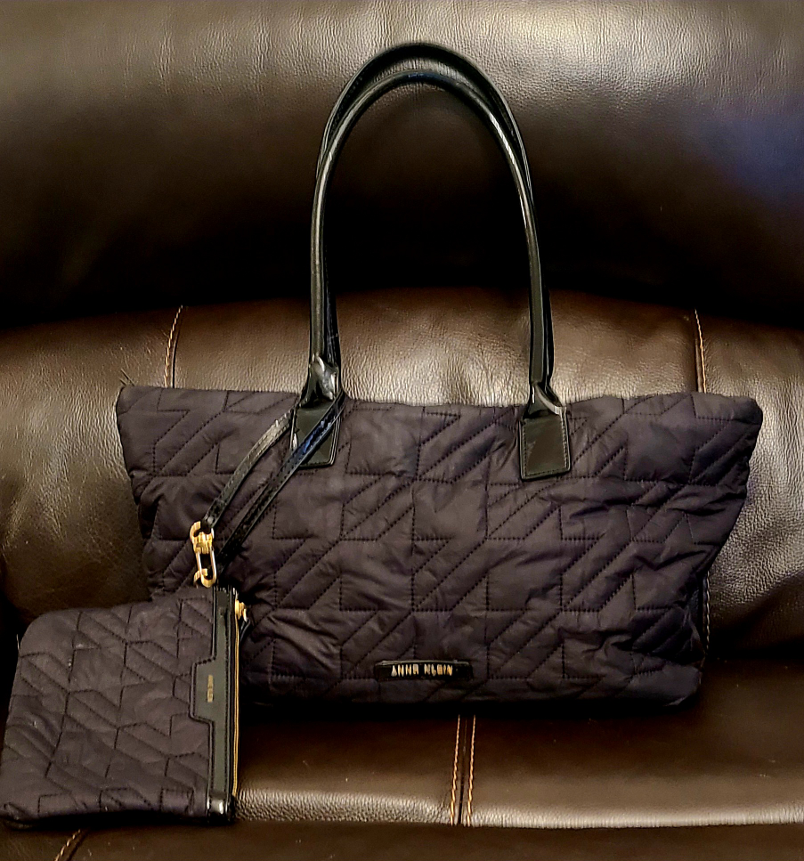 Anne Klein Black Quilted Tote Bag with Matching Pouch