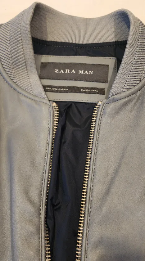 Zara Man Grey Leather(poliester) Bomber Jacket - Size L image indicator(4)
