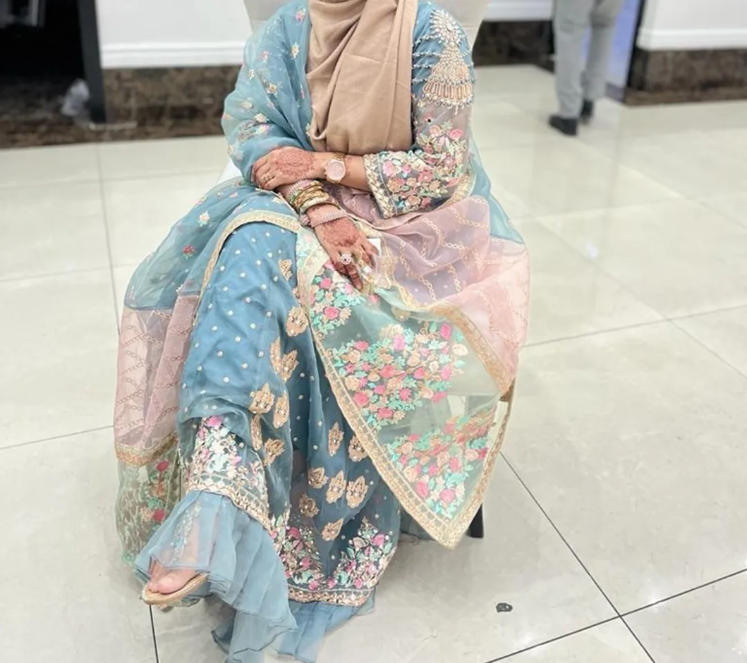 Gorgeous embroidered teal Pakistani Shalwar Kameez image indicator(5)