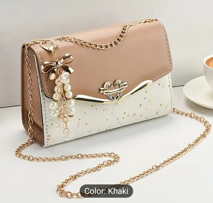 Khaki and White Two-Tone Crossbody Bag with Gold Chain thumbnail